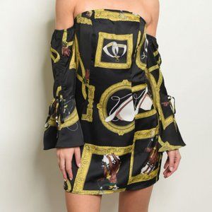 OFF THE SHOULDER CHAIN BLACK PRINT MINI DRES 46-16